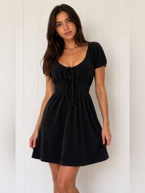 Juicy Couture Terry Cloth Dress Y2K Black Tie Detail Made USA XL Babydoll